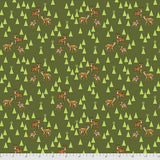 Flat swatch Road Trip Green fabric (green fabric with tossed light green tree resembling triangles and tossed brown small deer family)