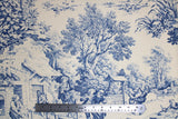 Swatch of decor weight canvas (outdoor scene) in blue