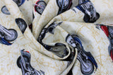 Swirled swatch Motorcycles fabric (off white fabric with subtle tan map lines/look throughout and tossed full colour motorcycles)