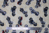 Flat swatch Motorcycles fabric (off white fabric with subtle tan map lines/look throughout and tossed full colour motorcycles)