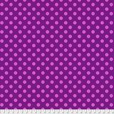 Swatch of pom pom (dots) printed fabric in foxglove (dark purple)