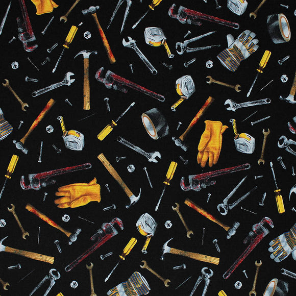 Square swatch Tossed Tools fabric (black fabric with tossed tools allover in drawn style, full colour: hammers, wrenches, nails, screws, tape measures, gloves, tape, etc.)