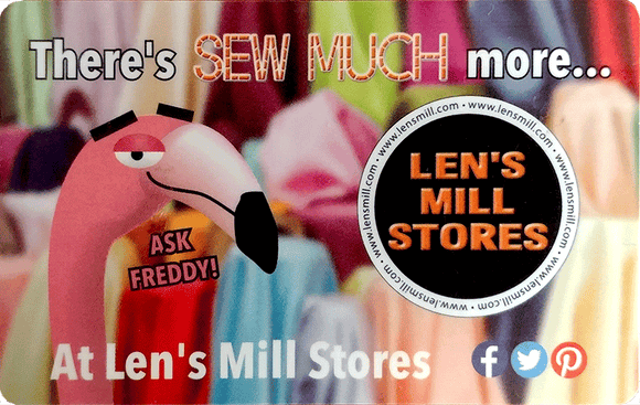 The Len's Mill Stores gift card, featuring Freddy (a cartoon flamingo) from the mid-neck up on the left and the Len's Mill Store Logo (a black circle with white border and bold orange letters reading 