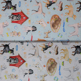 Group swatch dog themed fabric print think pawsitive in white and light blue