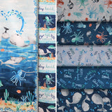 Group swatch assorted whale themed fabrics in various styles/colours