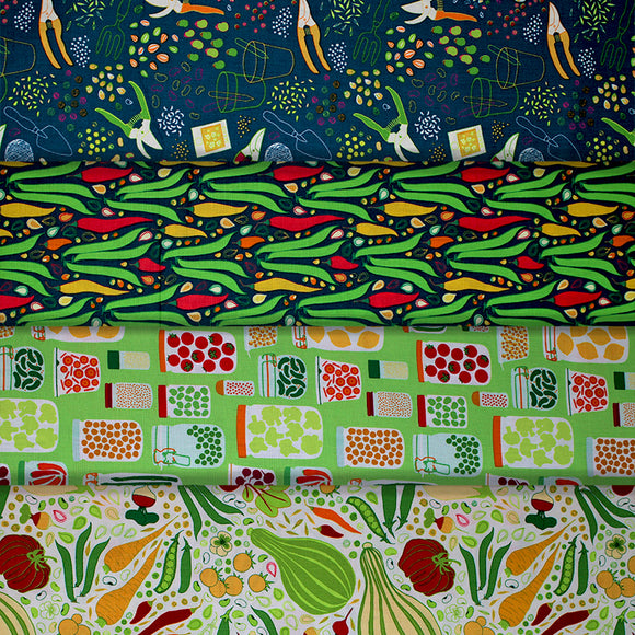 Group swatch Grow (garden and vegetable) themed fabrics in various styles/colours