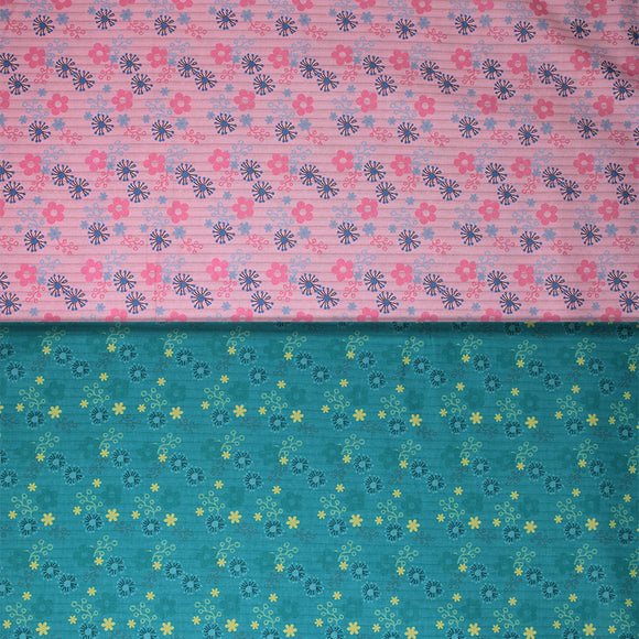 Group swatch assorted daisy printed fabrics in pink and aqua colours