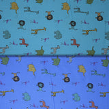 Group swatch zoo animals themed fabrics in various shades of blue