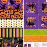 Group swatch assorted Festive Felines themed fabrics in various styles/colours
