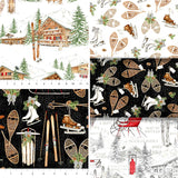 Group swatch assorted Alpine Winter themed fabrics in various styles/colours