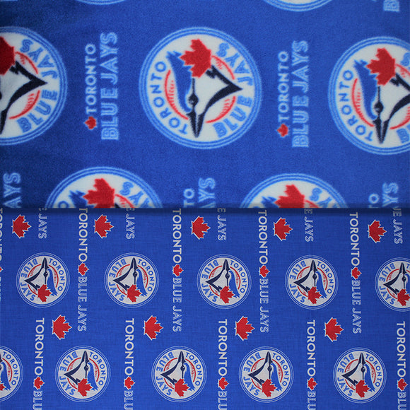 Group swatch licensed Toronto Blue Jays printed fabrics in cotton and fleece