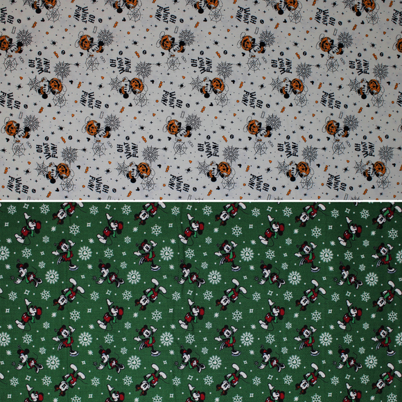 Group swatch Holiday Mickey themed fabrics in various styles/colours