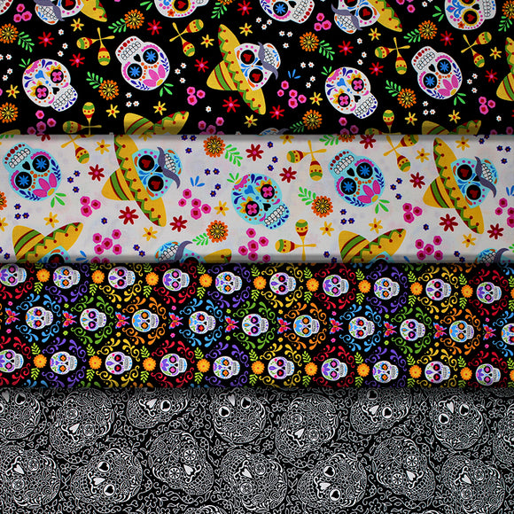 Group swatch The Day of the Dead themed fabrics in various colours/styles