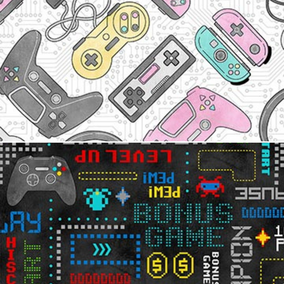 Group swatch Gaming Zone themed fabrics in various styles/colours