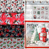 Group swatch assorted Joyful Tidings themed fabrics in various styles/colours