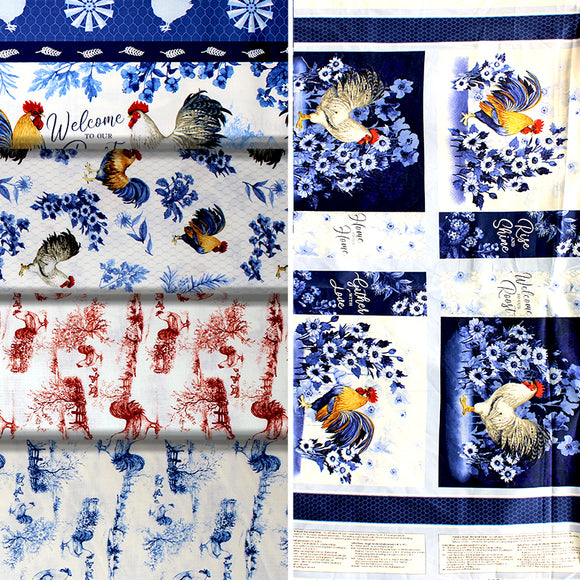 Group swatch assorted Home to Roost themed fabrics in various styles/colours