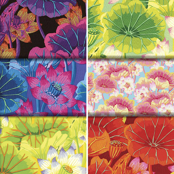 Group swatch lake blossoms floral printed fabric in various colours