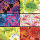 Group swatch lake blossoms floral printed fabric in various colours