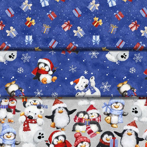 Group swatch assorted Snow What Fun! themed fabrics in various styles/colours