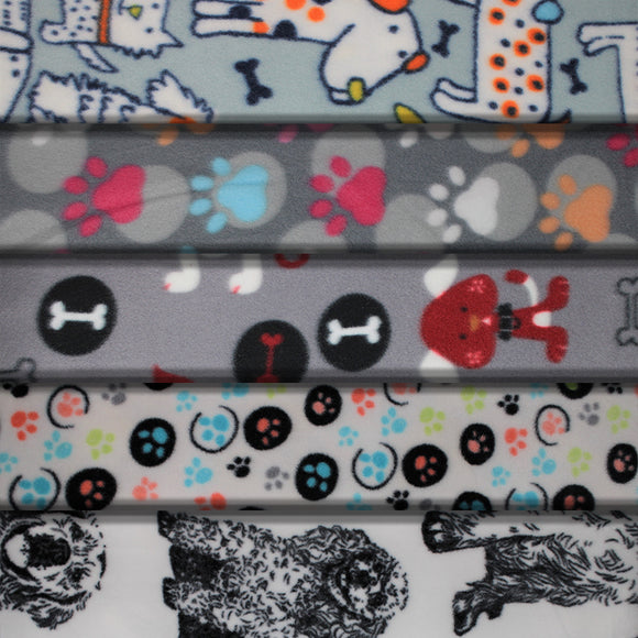 Group swatch dogs printed fleece fabrics in various styles and colours