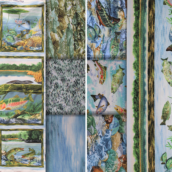 Group swatch assorted fishing themed fabric in various styles and colours