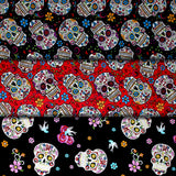 Group swatch assorted Folkloric Skulls themed fabrics in various styles/colours
