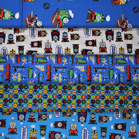 Group swatch assorted Thomas & Friends themed fabrics in various styles/colours