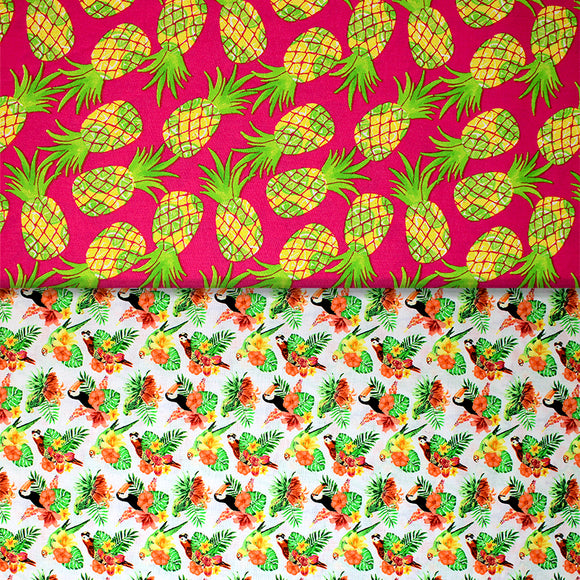 Group swatch assorted Tropical themed fabrics in various styles/colours
