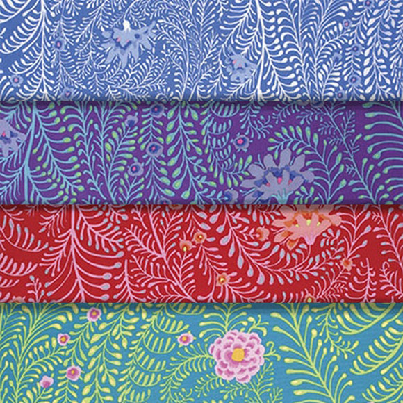 Group swatch ferns floral printed fabric in various colours