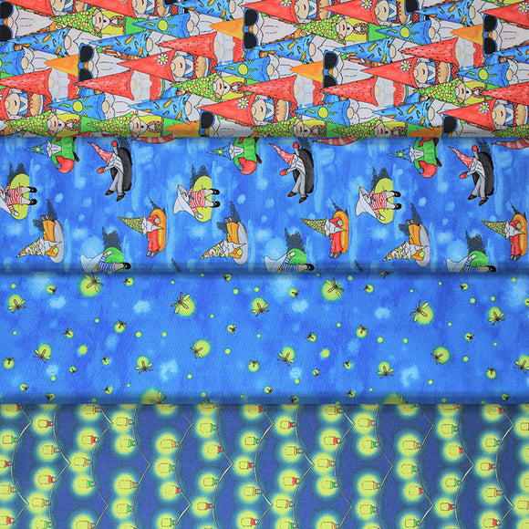 Group swatch assorted garden gnome themed fabrics in various styles