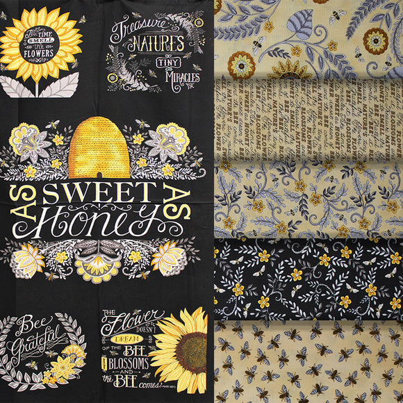 Group swatch assorted bee printed fabrics in various styles