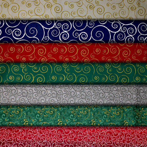 Group swatch assorted Swirls printed fabrics in various styles/colours
