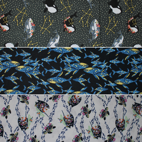 Group swatch assorted Cosmic Sea themed fabrics in various styles/colours