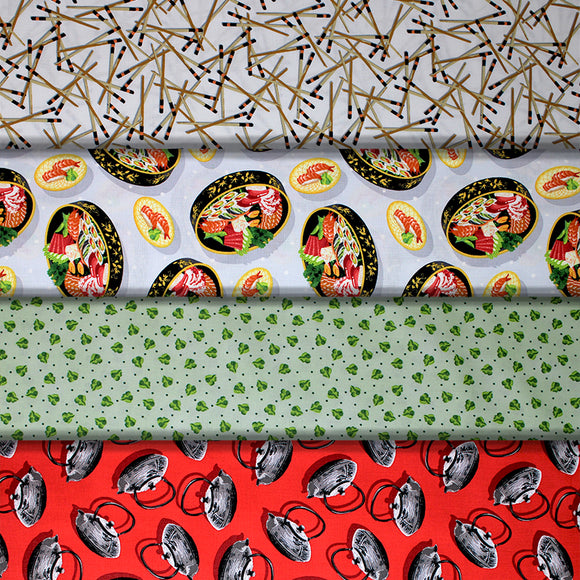 Group swatch assorted Soho Sushi themed fabrics in various styles/colours