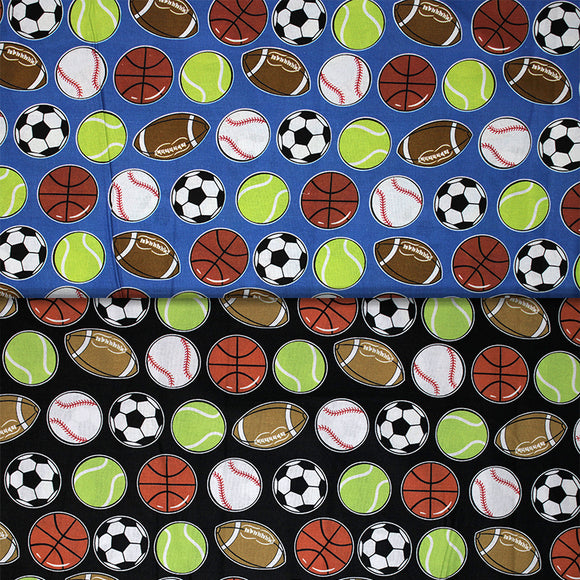 Group swatch of assorted sports balls fabrics on black and blue backgrounds