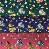 Group swatch cartoon frogs, bears and cars fabric in various colours