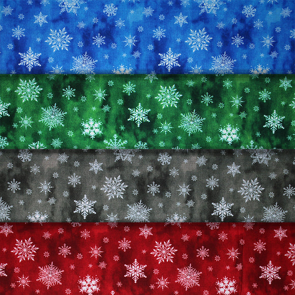 Group swatch of snowflake printed fabric in a variety of colours