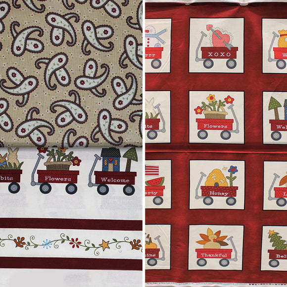 Group swatch my red wagon themed fabrics in various styles/colours