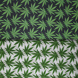 Group swatch pot leaf print fabric on white and black backgrounds