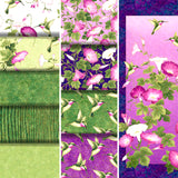Group swatch assorted fabrics from Northcott's Morning Glory: Shimmer collection in various styles and colours