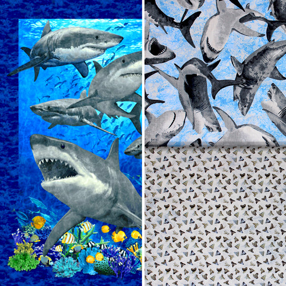 Group swatch shark attack themed fabrics in various styles/colours