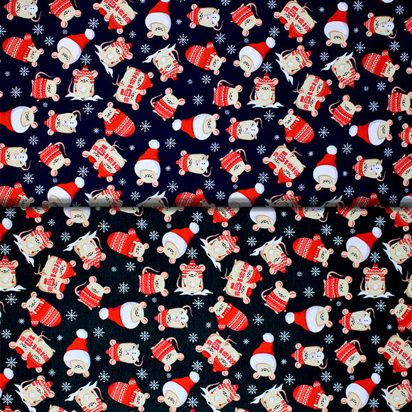 Group swatch assorted A Christmas Mouse themed fabrics in various colours