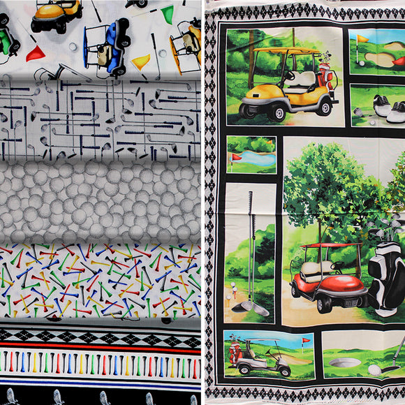 Group swatch assorted Back Nine (golf) themed fabrics in various styles/colours