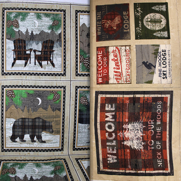 Group swatch cabin themed panels in various prints