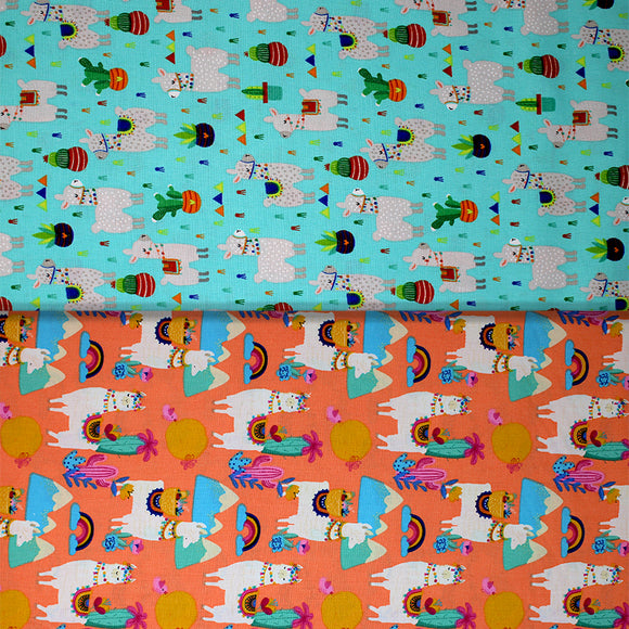 Group swatch assorted Llamas themed fabrics in various styles/colours