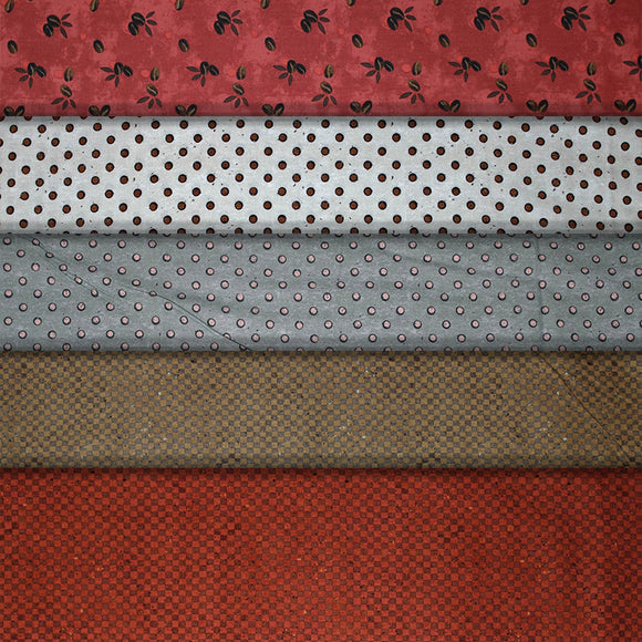 Group swatch coffee themed printed fabrics in various styles