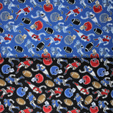 Group swatch of football printed fabric on blue and black backgrounds