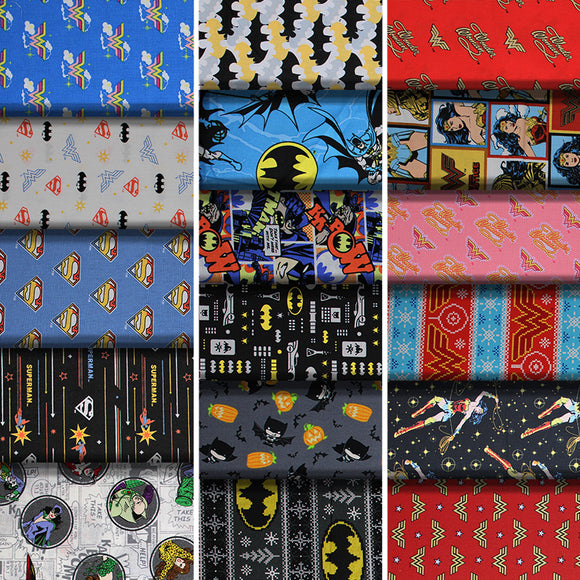 Group swatch assorted DC comic printed cotton fabrics in various styles/colours