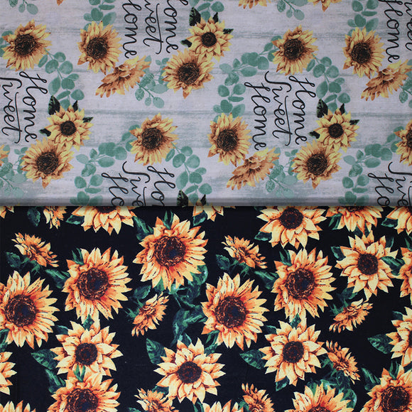 Group swatch assorted sunflower themed fabrics in various styles/colours