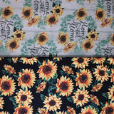 Group swatch assorted sunflower themed fabrics in various styles/colours